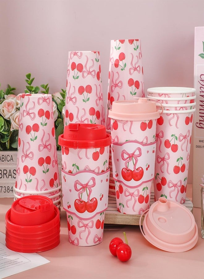 JarThenaAMCS 48 Set Pink Bow Cherry Disposable Coffee Cups with Lids Sleeves Red Pink Cherry Paper Drinking Cup Watercolor Paper Cup for Coquette Birthday Party Supplies - Image 4